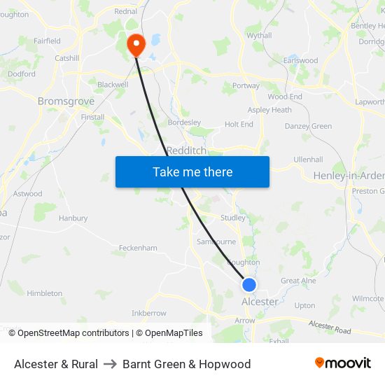 Alcester & Rural to Barnt Green & Hopwood map