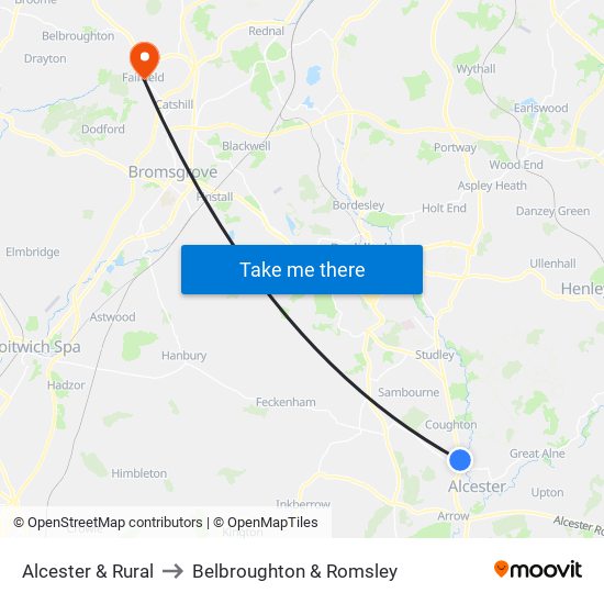 Alcester & Rural to Belbroughton & Romsley map