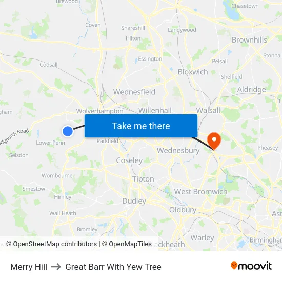 Merry Hill to Great Barr With Yew Tree map