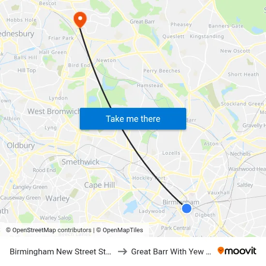 Birmingham New Street Station to Great Barr With Yew Tree map