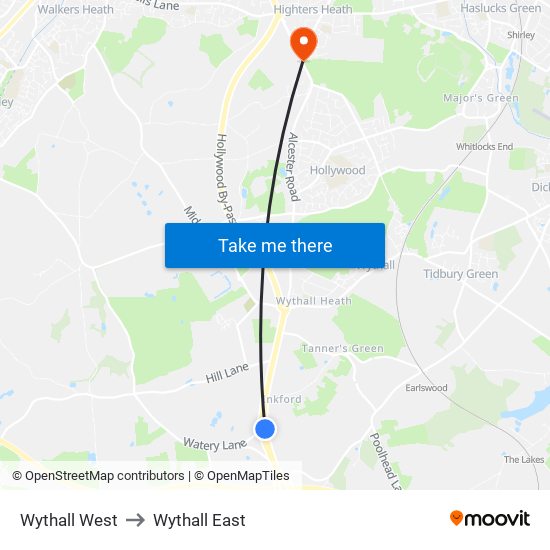 Wythall West to Wythall East map