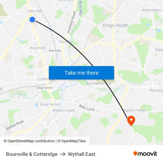 Bournville & Cotteridge to Wythall East map