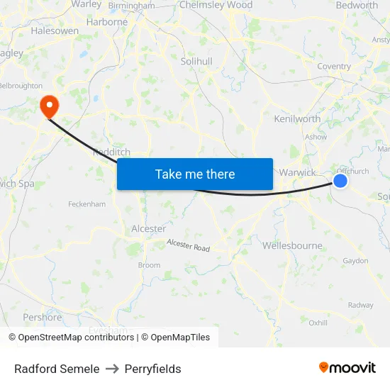 Radford Semele to Perryfields map