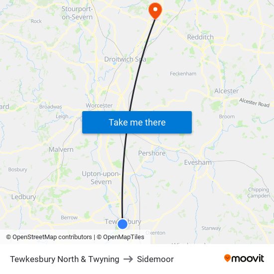 Tewkesbury North & Twyning to Sidemoor map