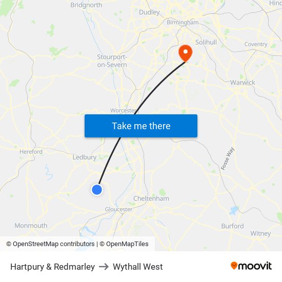 Hartpury & Redmarley to Wythall West map