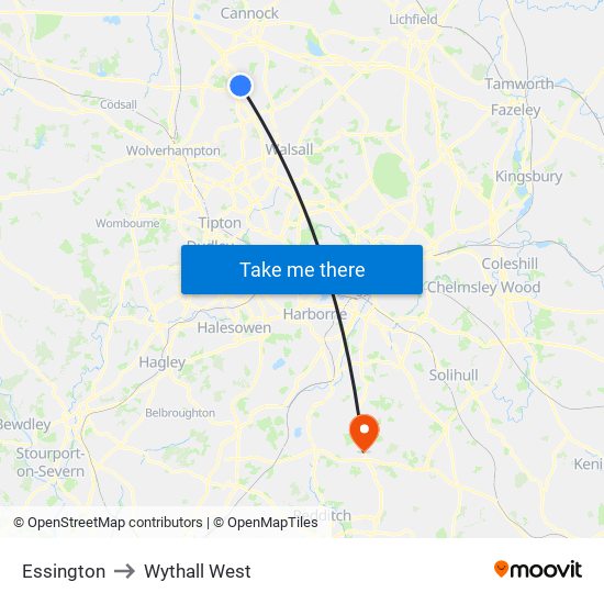 Essington to Wythall West map