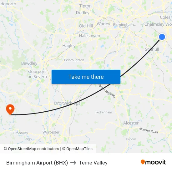 Birmingham Airport (BHX) to Teme Valley map