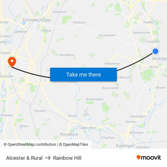 Alcester & Rural to Rainbow Hill map