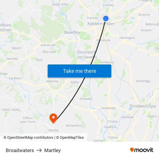 Broadwaters to Martley map