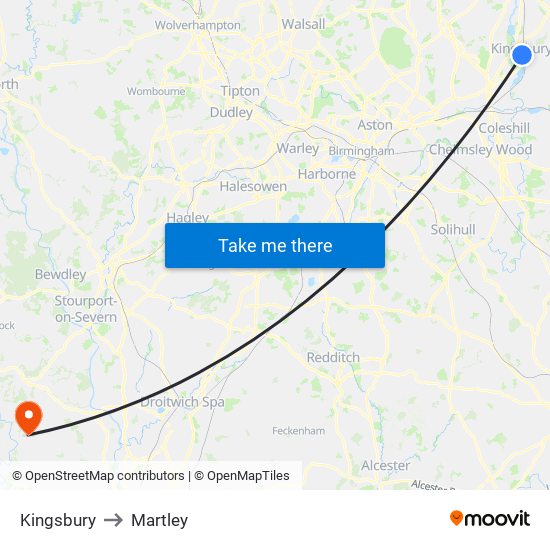 Kingsbury to Martley map