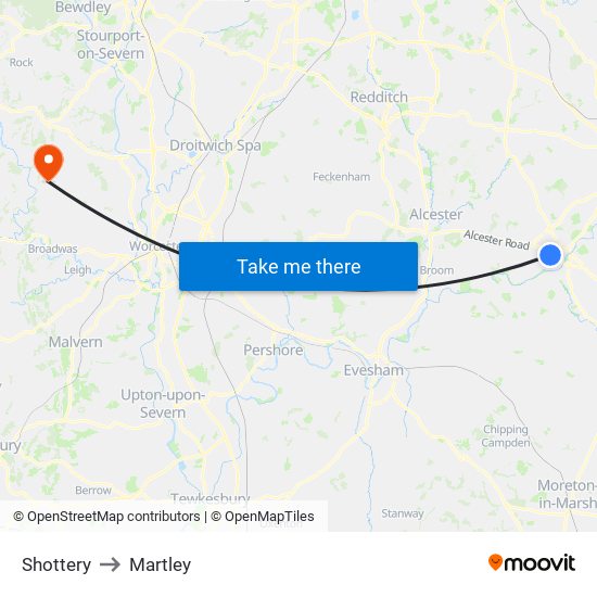 Shottery to Martley map
