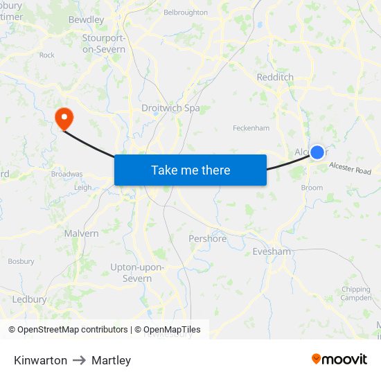 Kinwarton to Martley map