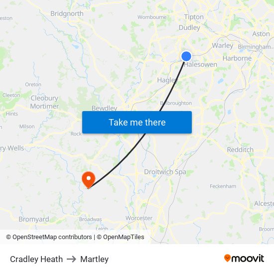 Cradley Heath to Martley map