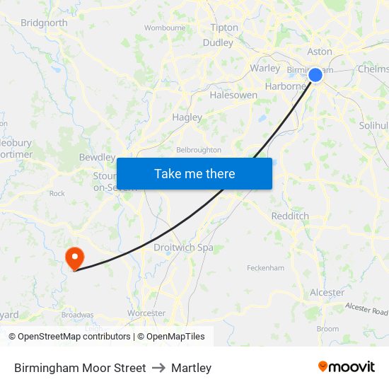 Birmingham Moor Street to Martley map