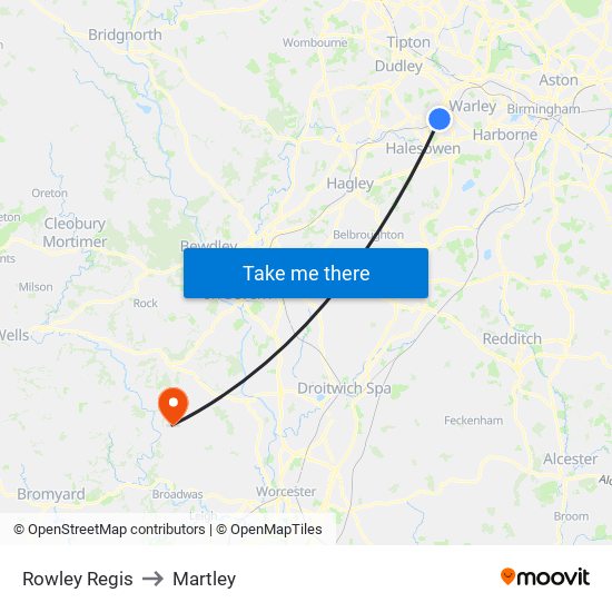 Rowley Regis to Martley map