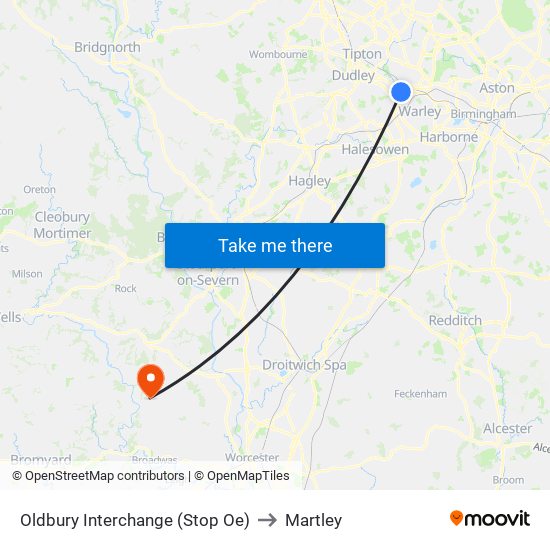 Oldbury Interchange (Stop Oe) to Martley map