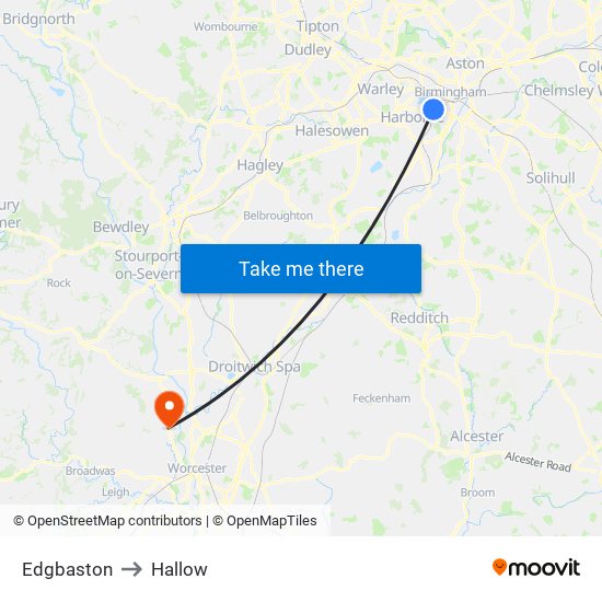 Edgbaston to Hallow map