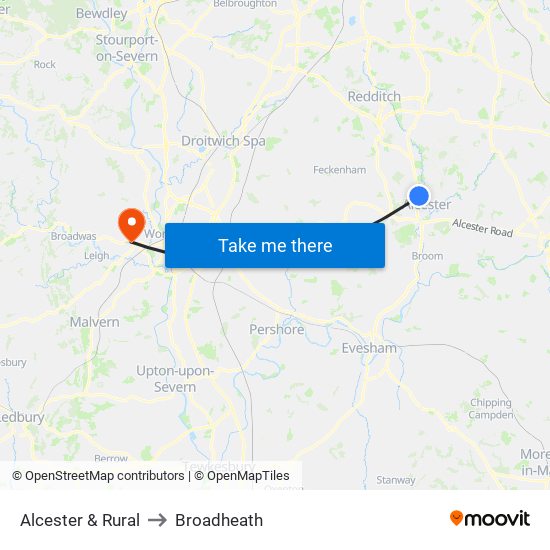 Alcester & Rural to Broadheath map