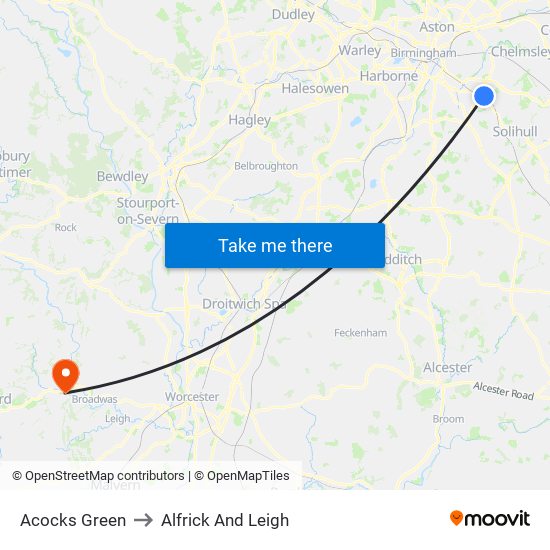 Acocks Green to Alfrick And Leigh map