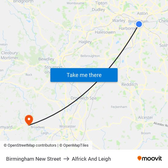 Birmingham New Street to Alfrick And Leigh map