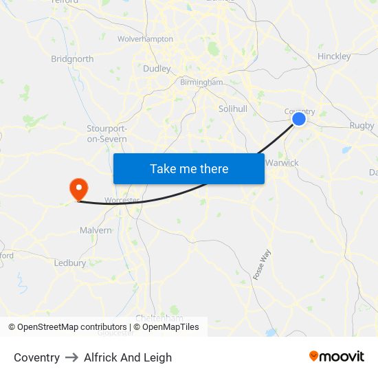 Coventry to Alfrick And Leigh map