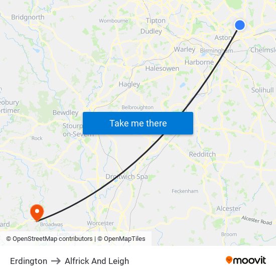 Erdington to Alfrick And Leigh map