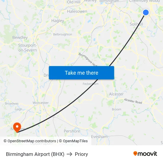Birmingham Airport (BHX) to Priory map
