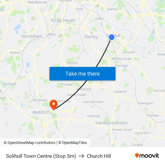 Solihull Town Centre (Stop Sm) to Church Hill map