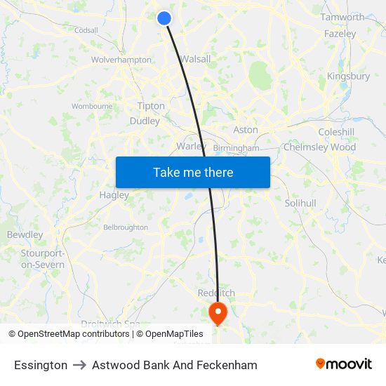 Essington to Astwood Bank And Feckenham map