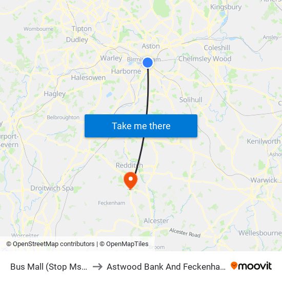 Bus Mall (Stop Ms8) to Astwood Bank And Feckenham map