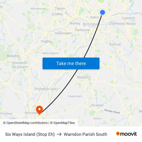 Six Ways Island (Stop Eh) to Warndon Parish South map