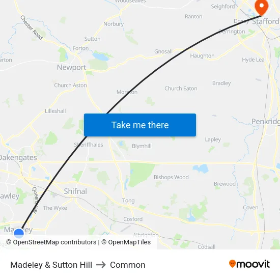 Madeley & Sutton Hill to Common map