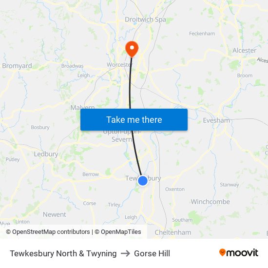 Tewkesbury North & Twyning to Gorse Hill map