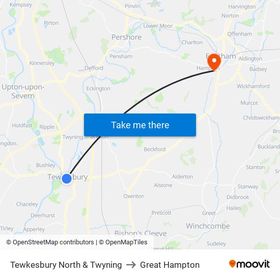 Tewkesbury North & Twyning to Great Hampton map