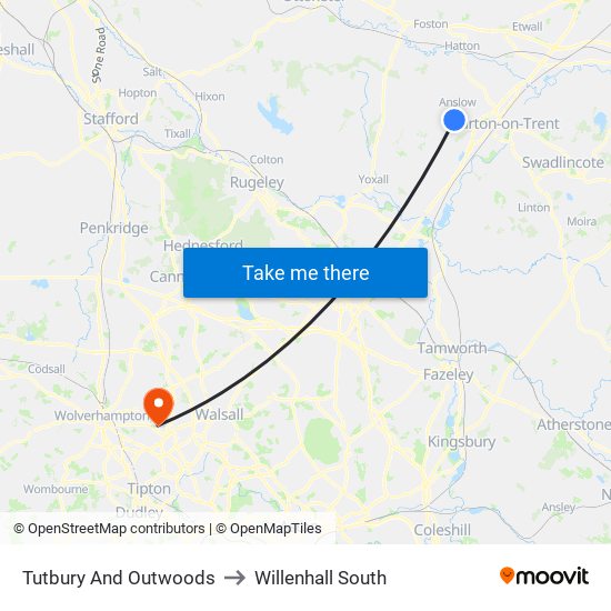 Tutbury And Outwoods to Willenhall South map