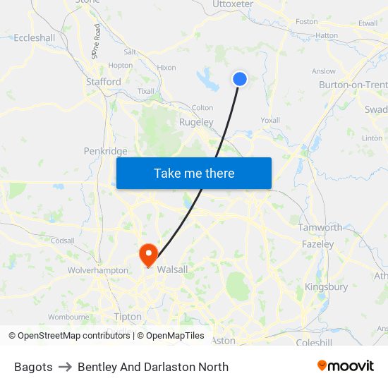 Bagots to Bentley And Darlaston North map