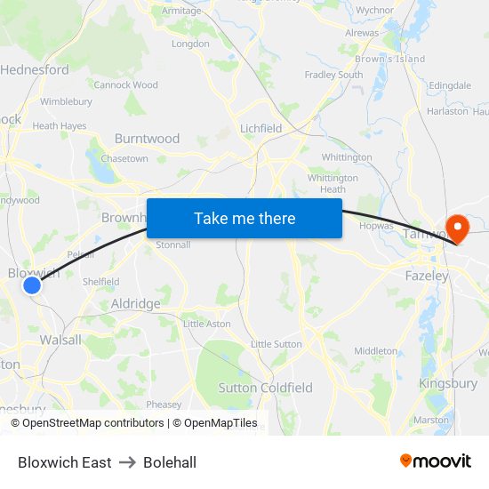 Bloxwich East to Bolehall map