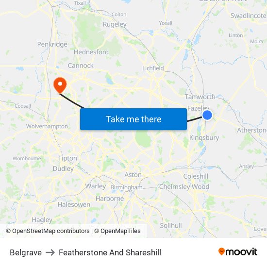 Belgrave to Featherstone And Shareshill map