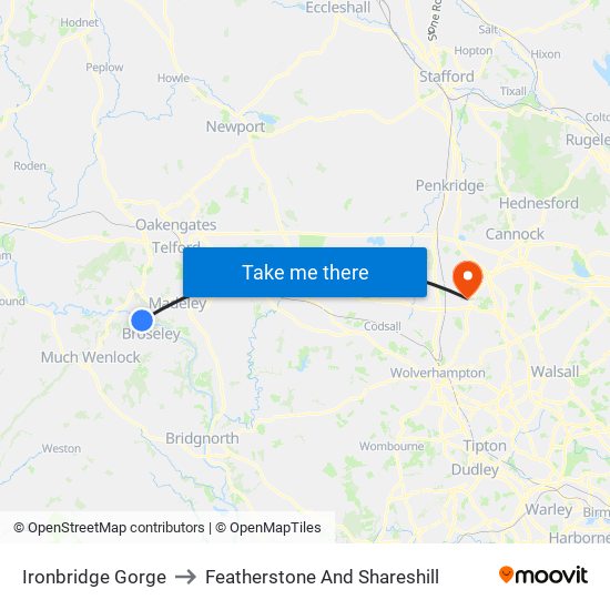 Ironbridge Gorge to Featherstone And Shareshill map