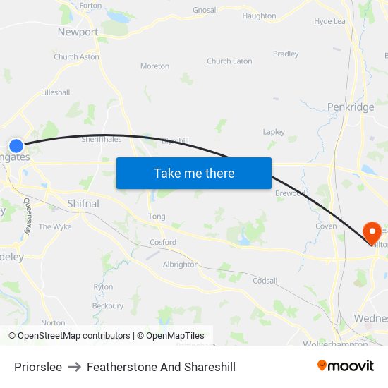 Priorslee to Featherstone And Shareshill map