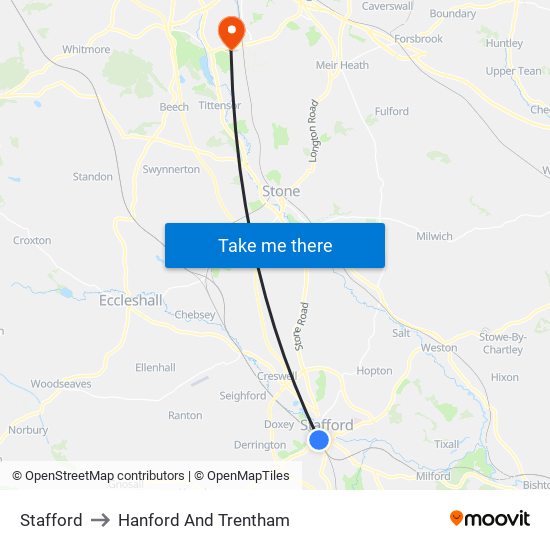 Stafford to Hanford And Trentham map