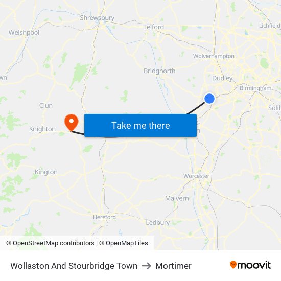 Wollaston And Stourbridge Town to Mortimer map