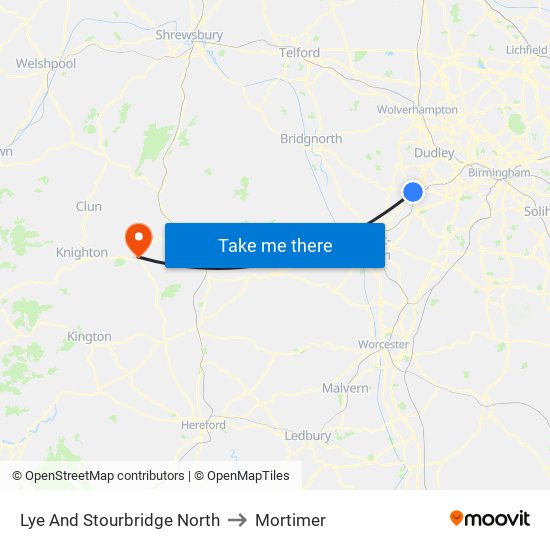 Lye And Stourbridge North to Mortimer map