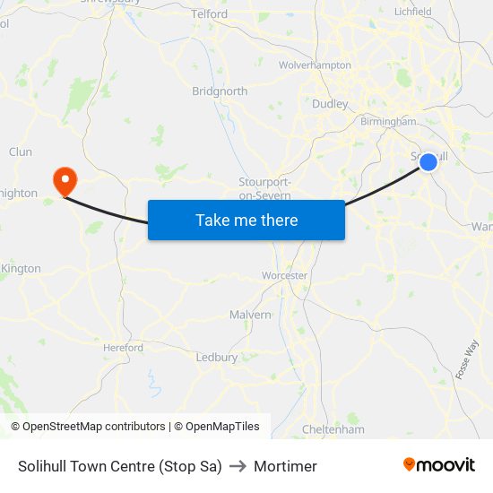 Solihull Town Centre (Stop Sa) to Mortimer map