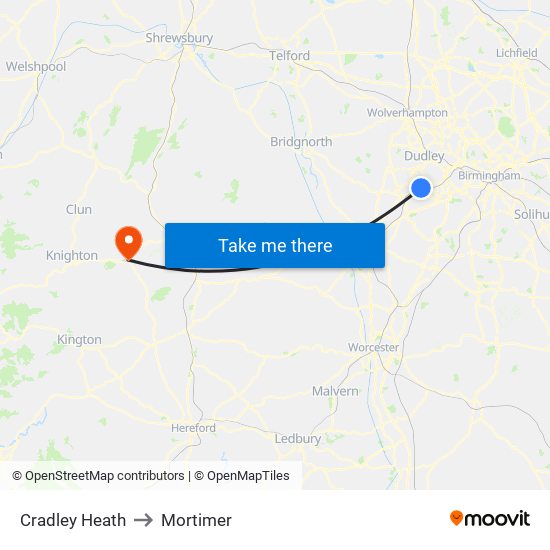 Cradley Heath to Mortimer map