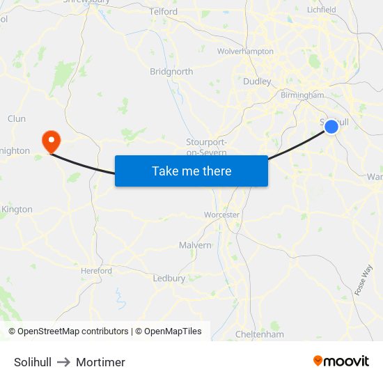 Solihull to Mortimer map