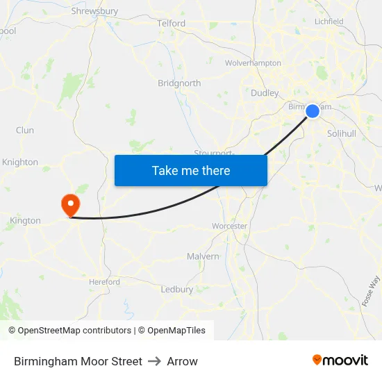 Birmingham Moor Street to Arrow map