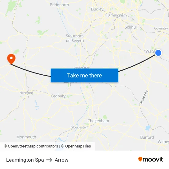 Leamington Spa to Arrow map
