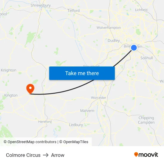 Colmore Circus to Arrow map