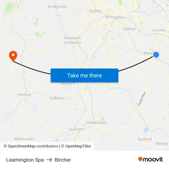 Leamington Spa to Bircher map